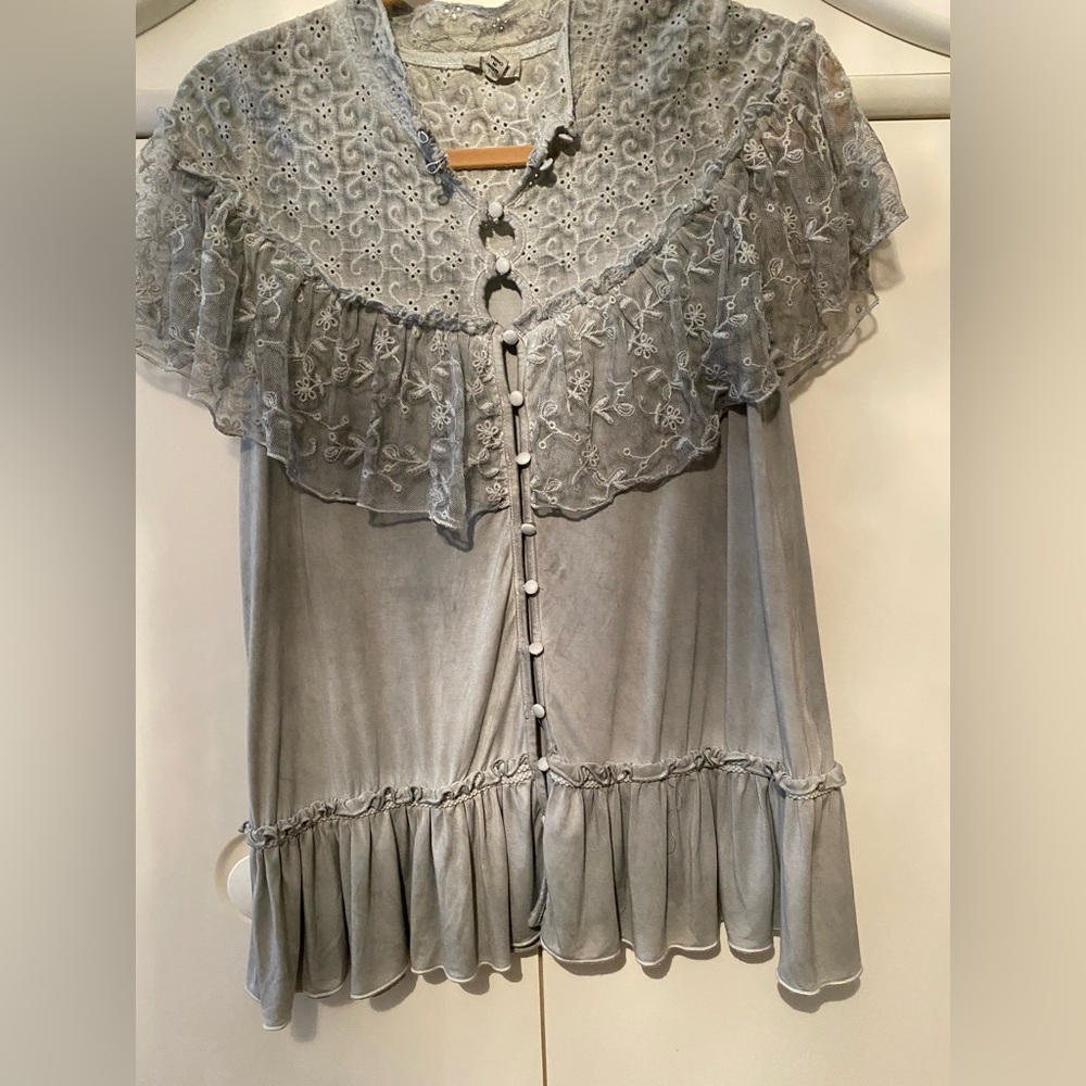 Pol Gray Lace Button-Down Blouse - image 1